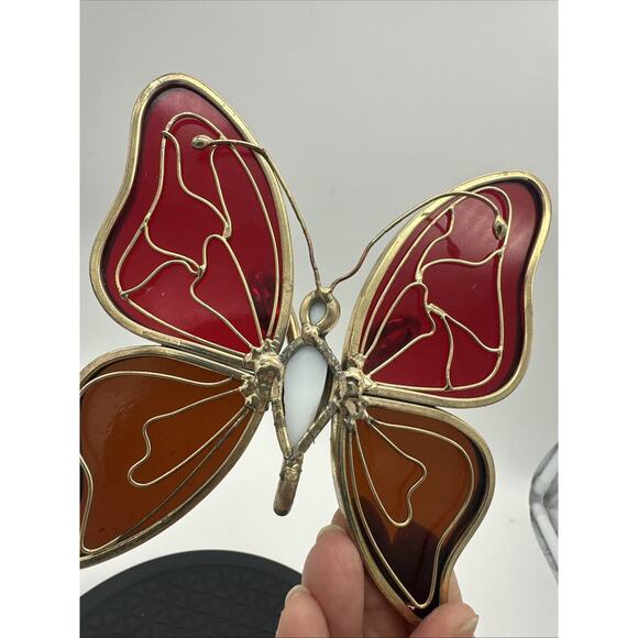 Vtg Stained Glass Sun Catcher Red and Amber Butterfly - Picture 5 of 5